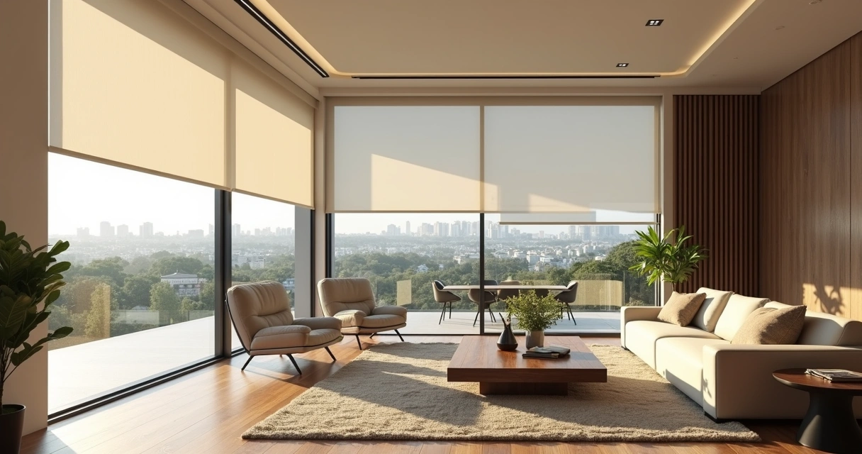 Persiana rolo tela solar instalada em janela de sala moderna