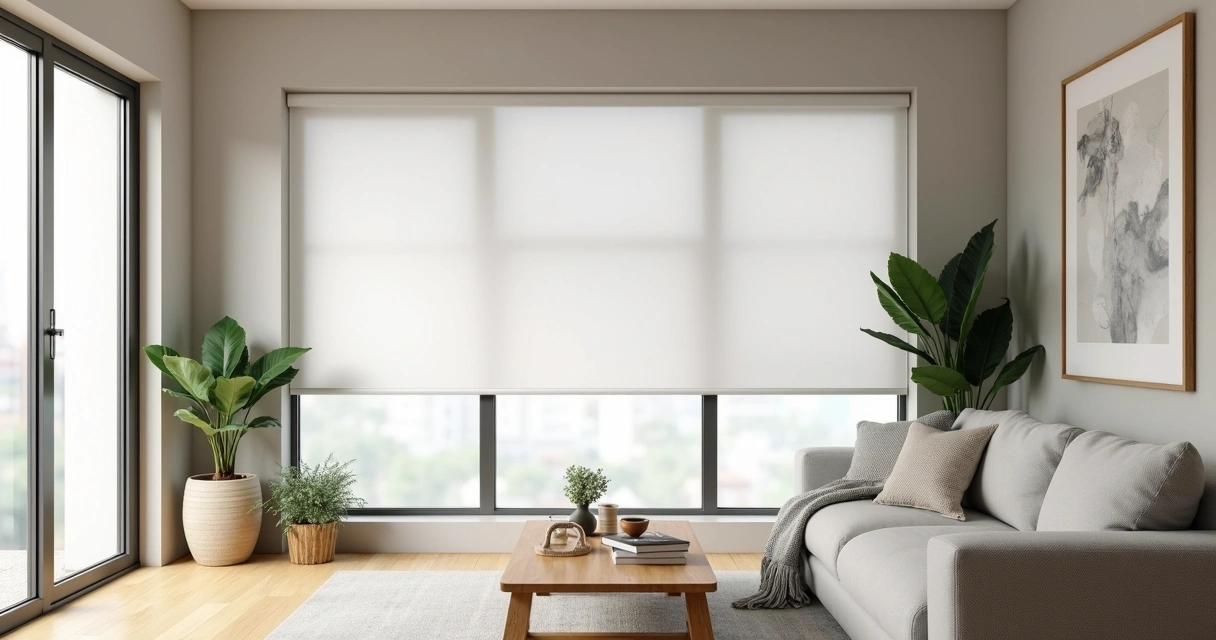 Persiana rolo branca instalada em sala de estar com sofá cinza claro 