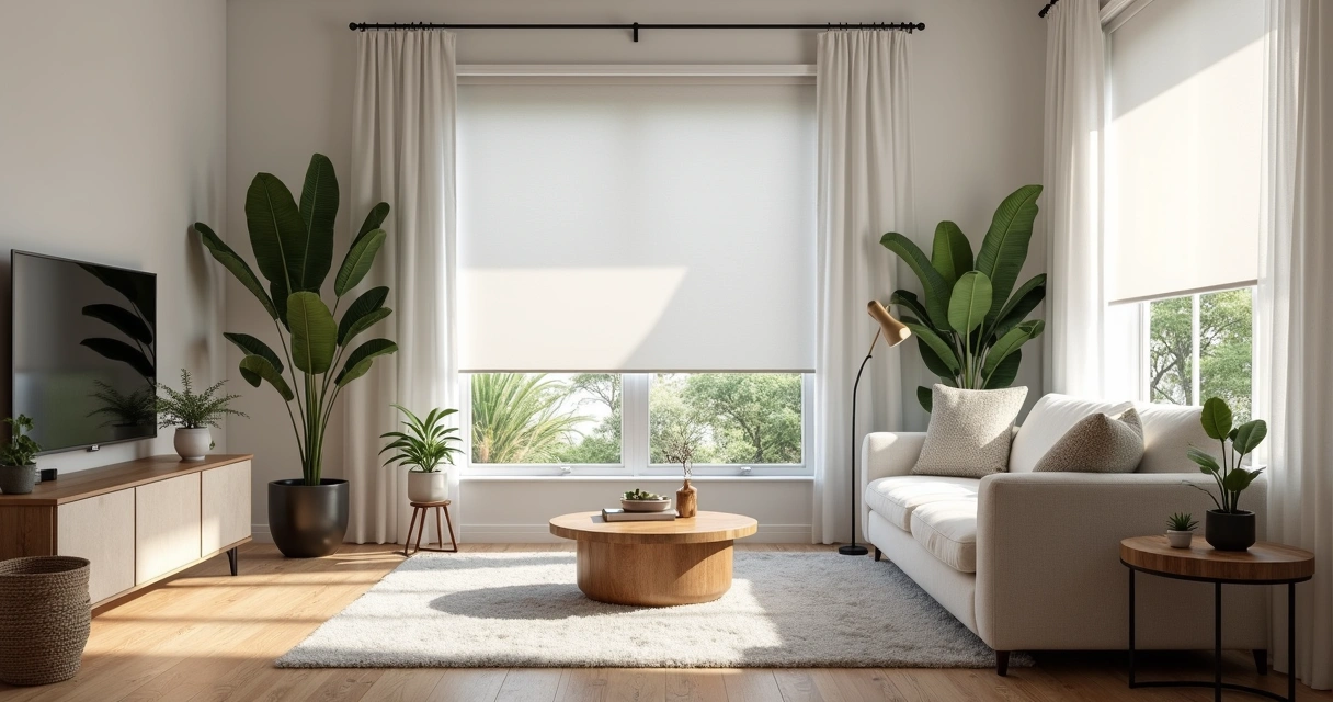 Persiana rolo cinza instalada em sala de apartamento moderno