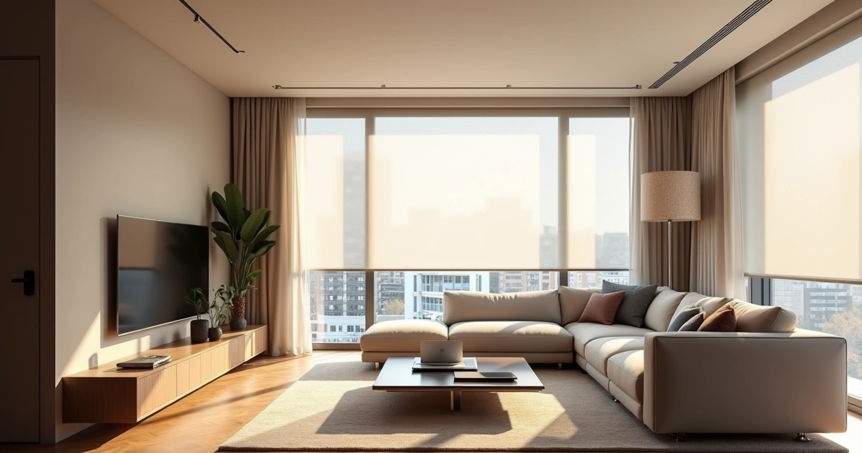 Sala de estar de alto padrão com persiana rolo tela solar filtrando a luz do sol 