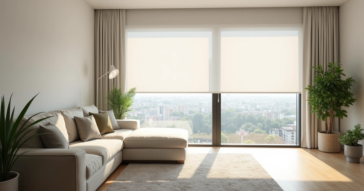 Persiana rolô branca instalada em janela de sala de apartamento ensolarado 