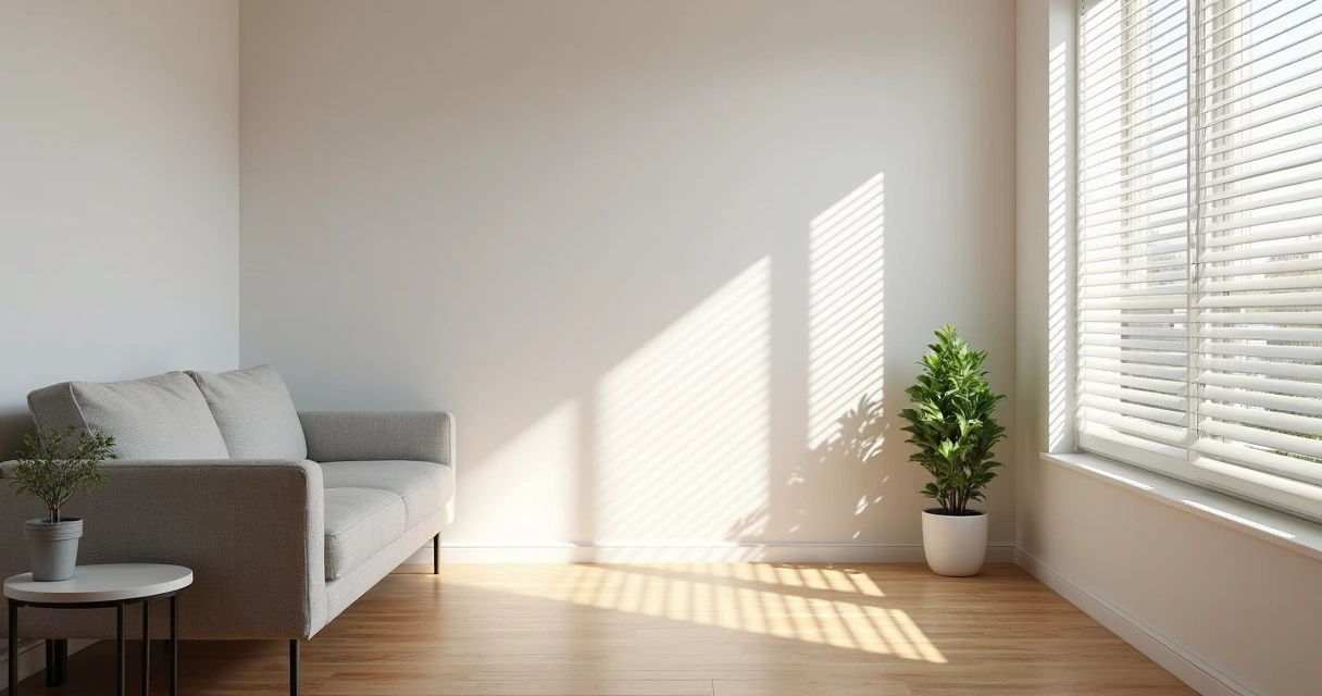 Sala de estar iluminada com persiana aberta filtrando a luz do sol 