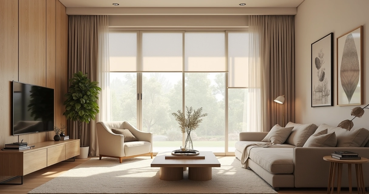 Persiana instalada em sala de estar sofisticada no Batel, Curitiba 