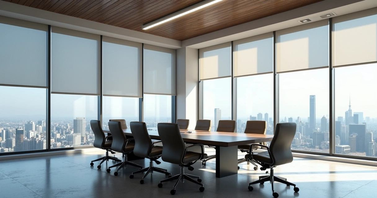 Persiana tela solar instalada em sala de reunião corporativa