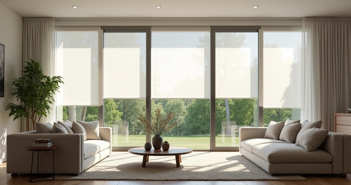 Sala moderna com persiana tela solar instalada na janela