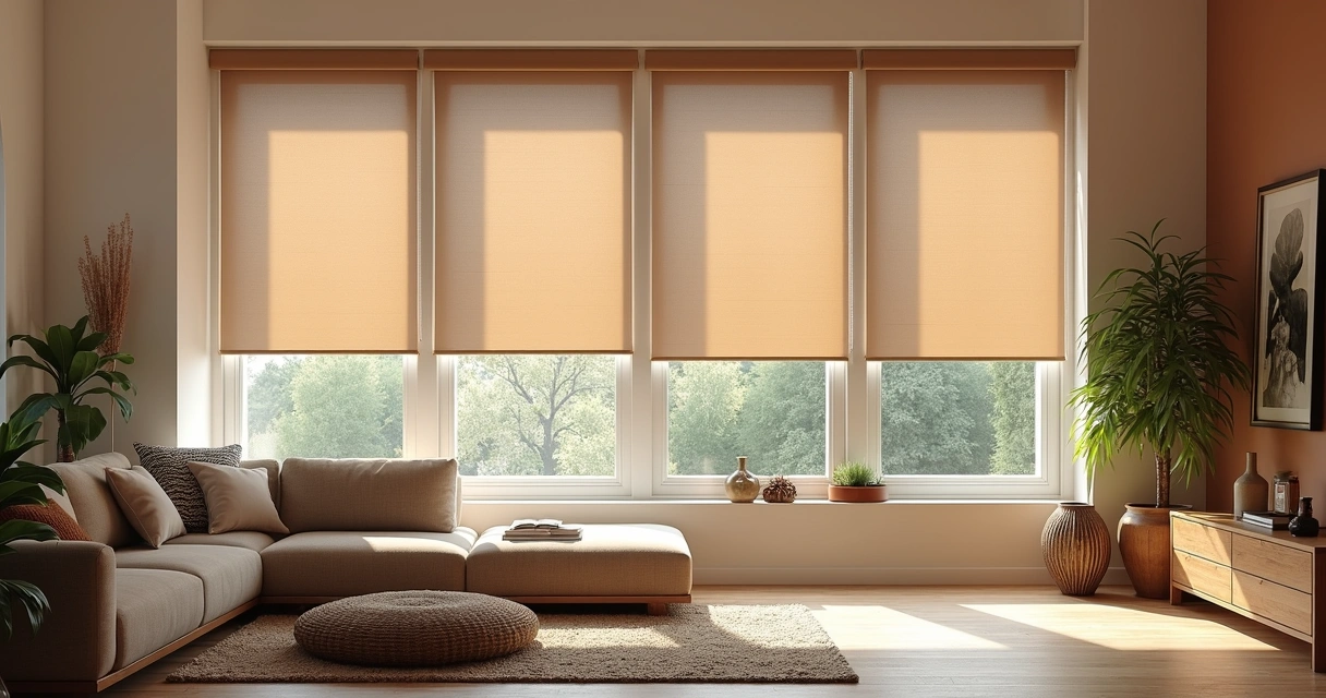 Persiana em tons terrosos harmonizando com sala de estar moderna 