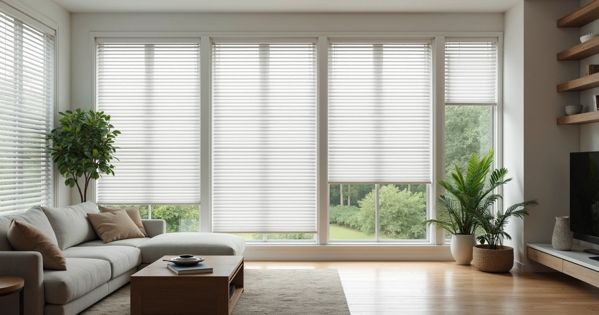 Sala moderna com janelas grandes e persianas horizontais brancas parcialmente abertas deixando entrar luz natural 