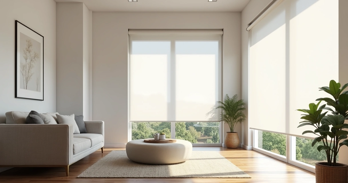 Sala de apartamento com persianas rolô brancas instaladas em janela ampla, ambiente moderno e iluminado 