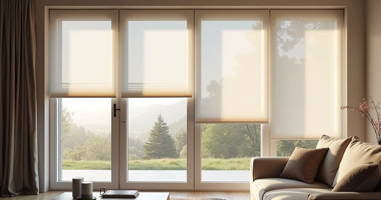 Sala moderna com persianas automatizadas motorizadas em janela ampla, controle remoto e luz natural suave 