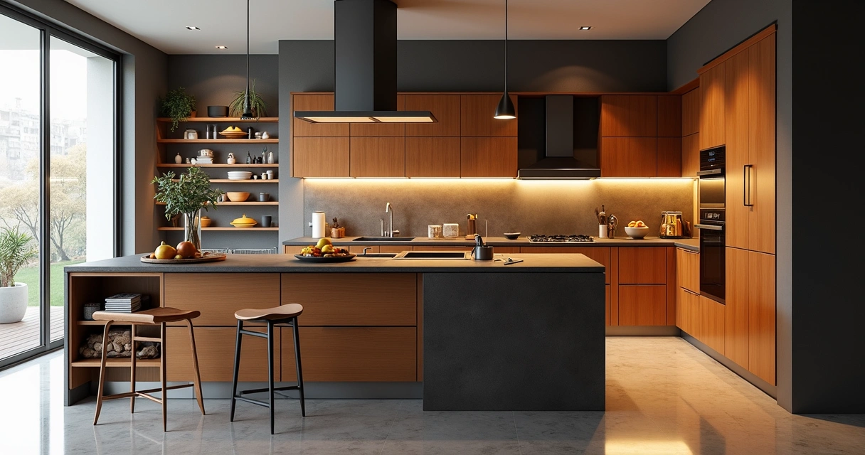 Persianas para cozinha em diferentes materiais, rolo, alumínio e madeira sintética, instaladas em cozinha moderna e iluminada 