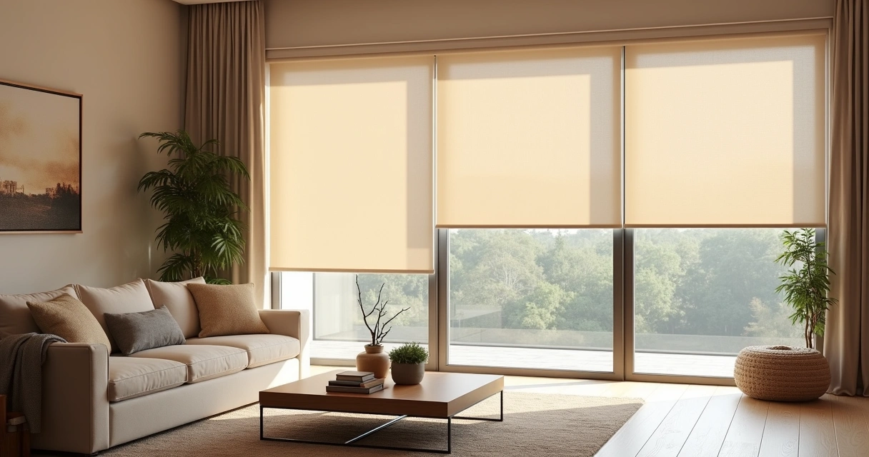 Sala moderna com persianas sob medida em tons claros, ambiente iluminado e elegante. 