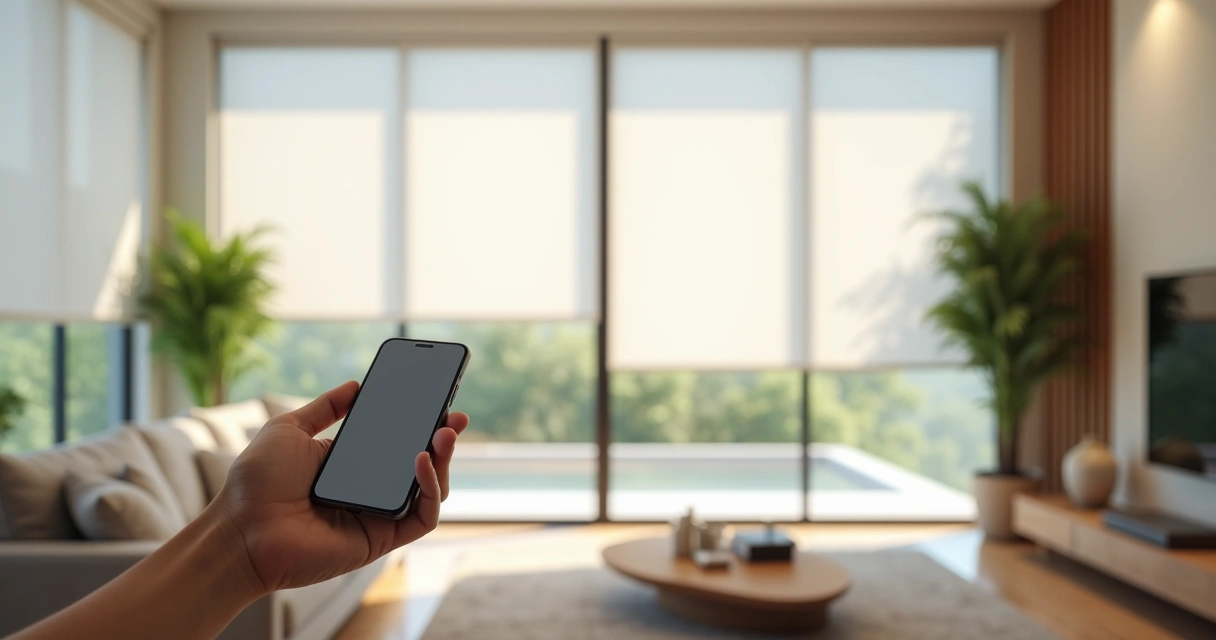 Sala de estar moderna com grandes janelas, persianas motorizadas abertas controladas por smartphone 
