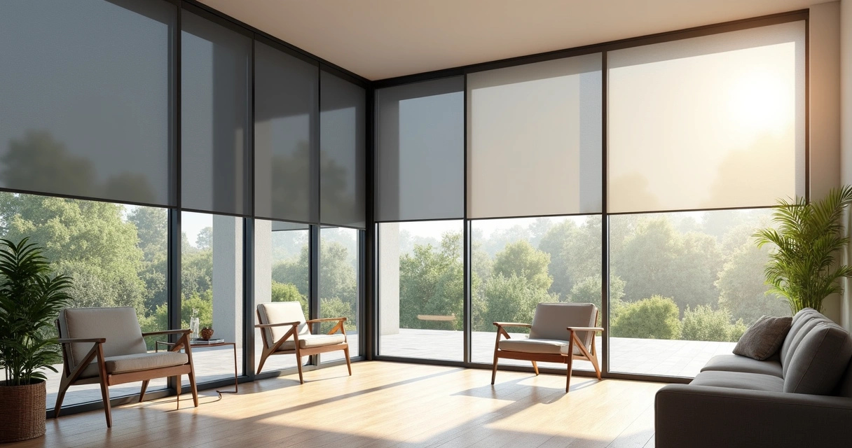 Sala moderna com diferentes tipos de persianas, incluindo rolô tela solar, blackout, celular e térmica em janelas amplas