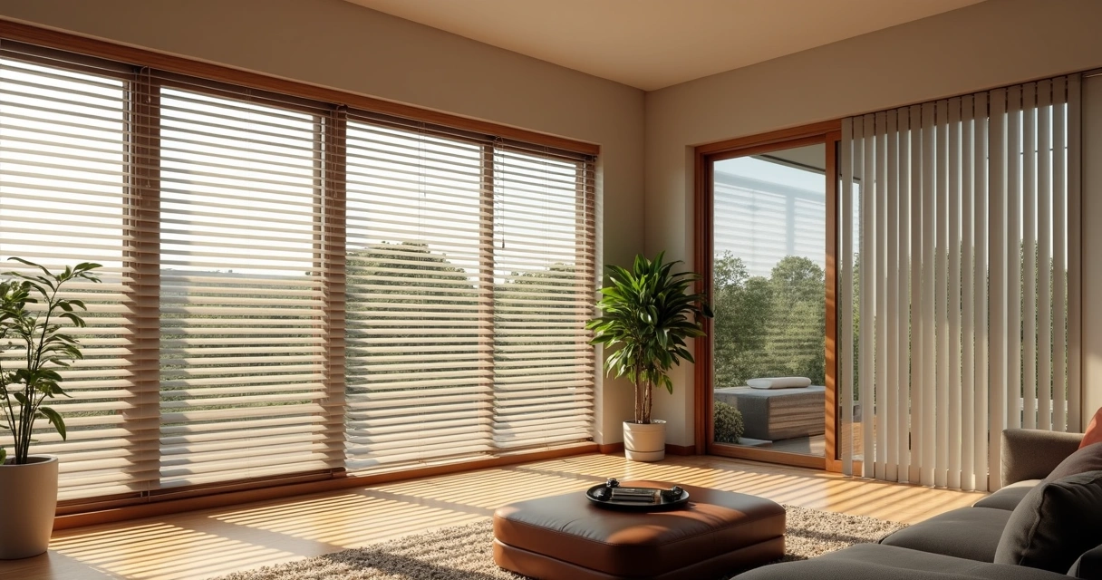 Ambiente residencial iluminado com persianas horizontais e verticais modernas instaladas em janelas amplas 