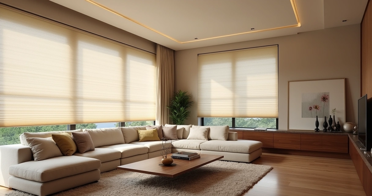 Sala com persianas sob medida integradas ao design e móveis modernos 