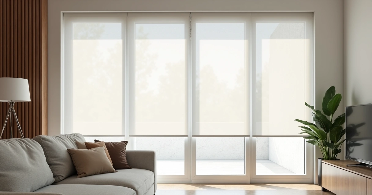 Sala minimalista com persianas brancas modernas