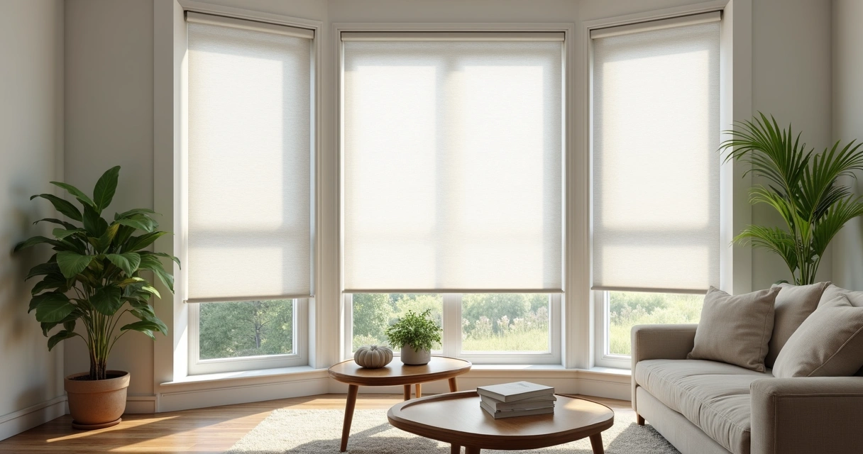 Ambiente interno moderno com persianas de tecido brancas instaladas em janelas amplas, luz natural suave entrando na sala decorada com móveis neutros e plantas 