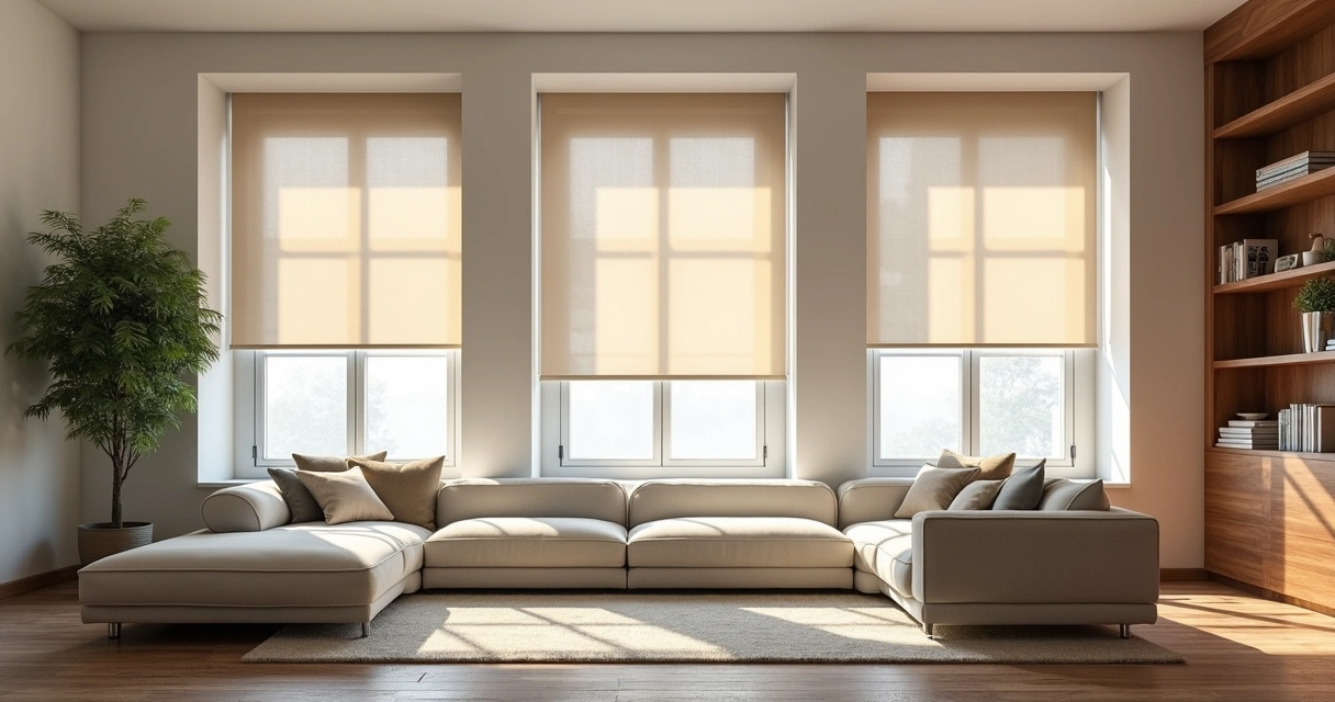 Persianas de tecido modernas cobrindo janela grande de sala de estar