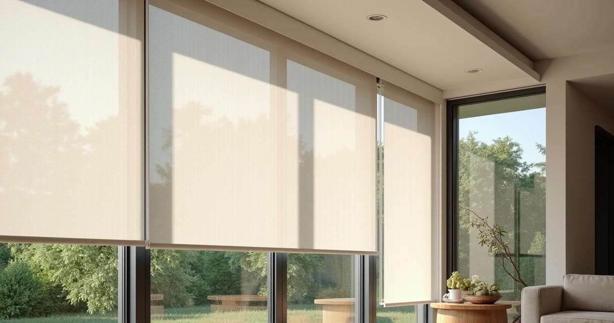 Ambiente moderno com persianas tela solar instaladas em janelas amplas, filtrando luz natural e protegendo do sol 