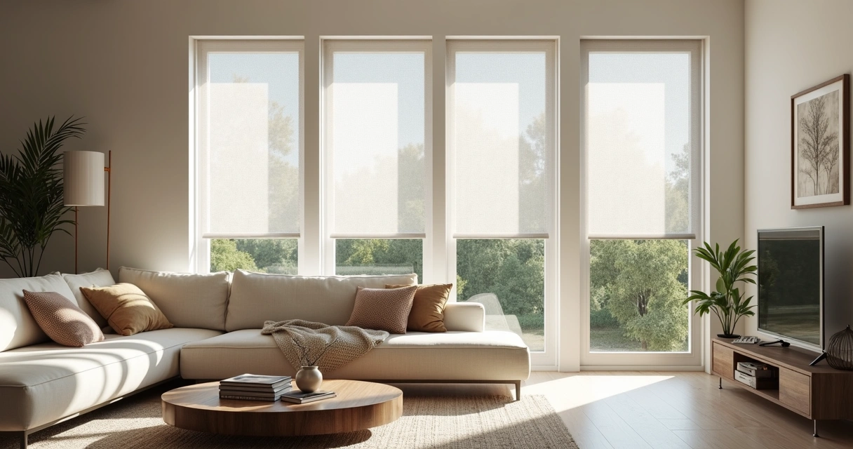 Persianas verticais de PVC instaladas em sala moderna com decoração clean e luz natural 