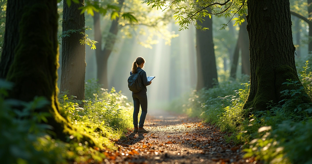 Person pausing in a lush forest, reflecting and adapting to nature surroundings. 