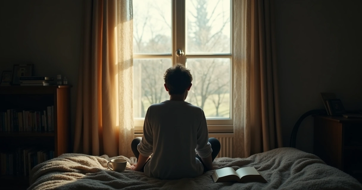Person sitting alone looking through a window