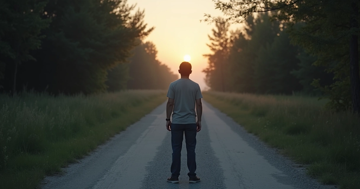 Person standing at a crossroads in soft evening light 