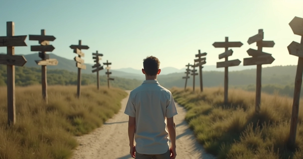 Person standing at a crossroads between many signposts and one clear path 