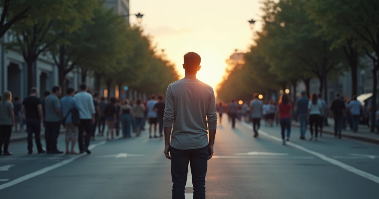 Person standing at a crossroads between crowd and open path