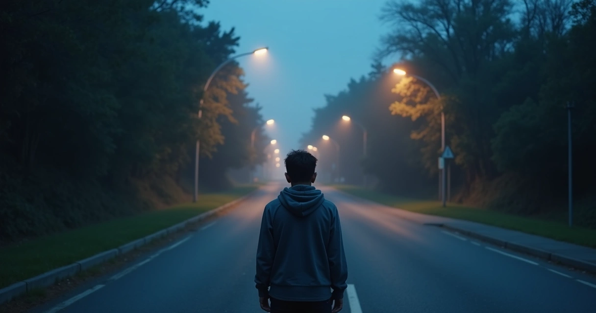 Person standing at a quiet crossroads at dusk
