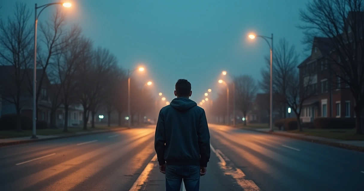 Person standing at a quiet crossroads at dusk