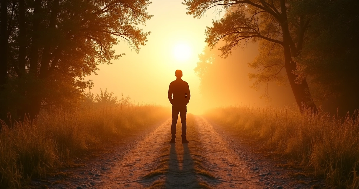 Person standing at a crossroads path at sunrise 