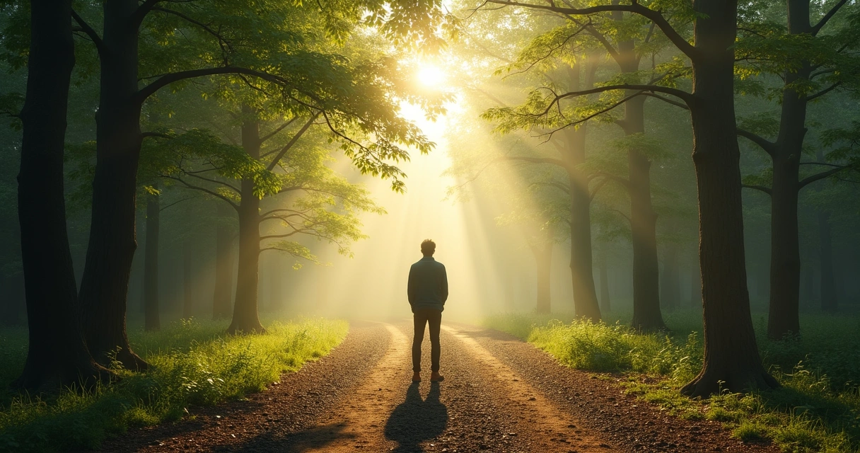 Person facing two paths in a quiet forest clearing