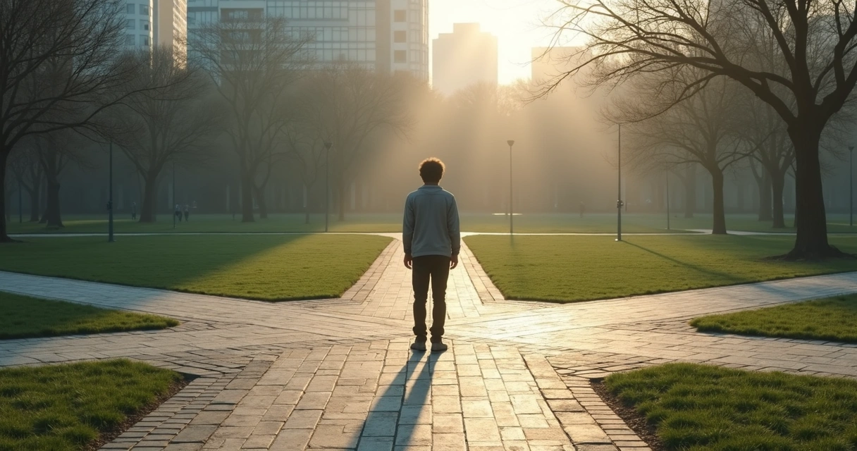 Person standing at a crossroads with paths dividing in different directions