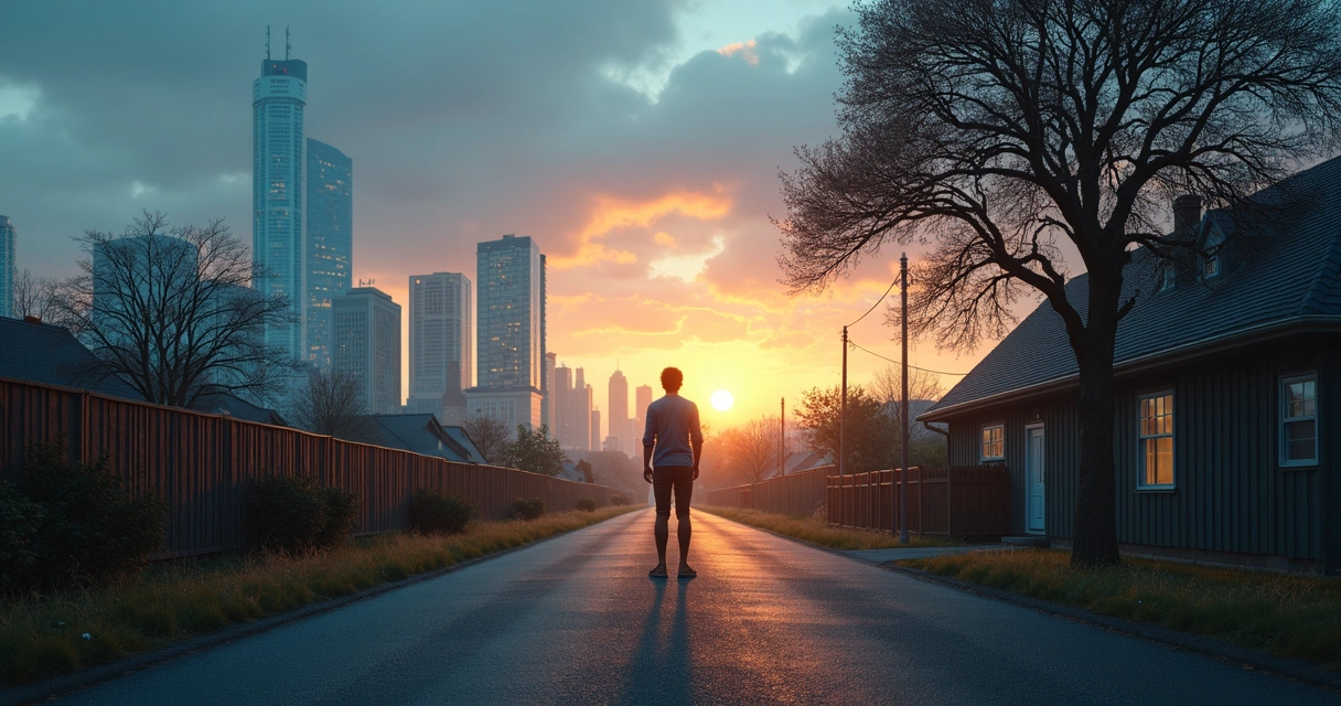 Person standing at a crossroads between city and family home