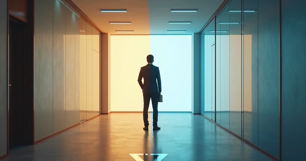 Person standing between two marked paths in a quiet office corridor 