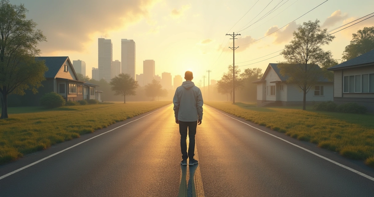 Person standing at a crossroads between city life and family home