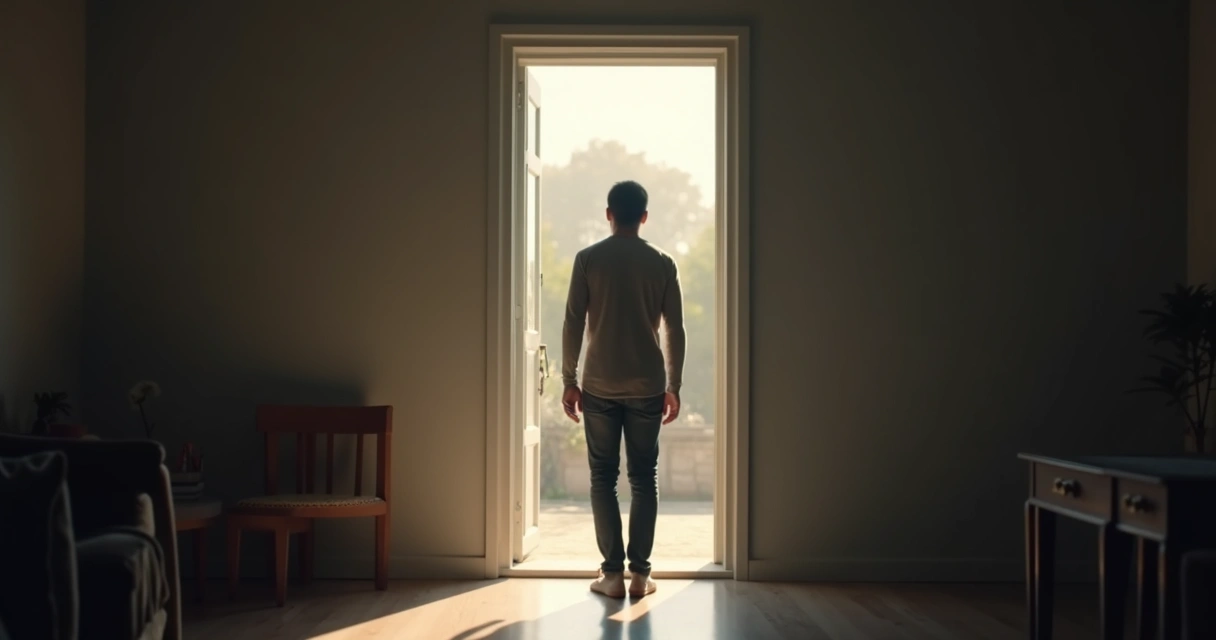 Person standing at an open door in quiet light
