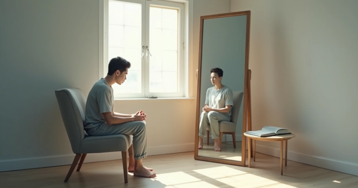Person sitting beside a mirror without looking at reflection 
