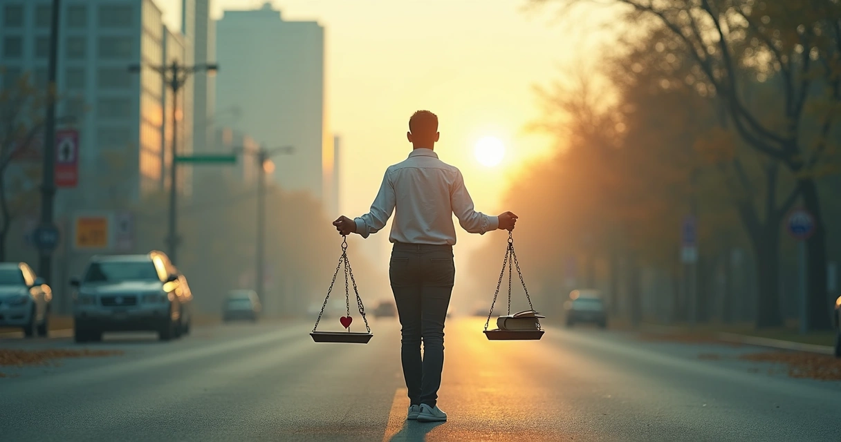 Person weighing two objects, scales of priorities in hands