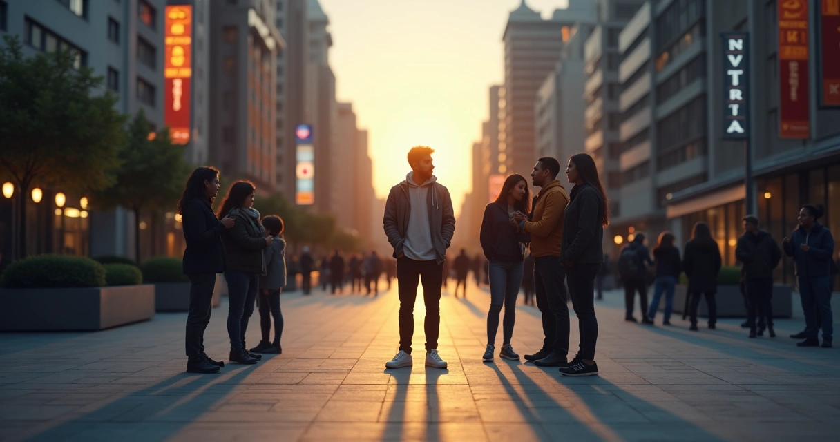 Person standing between two groups while looking reflective and separate