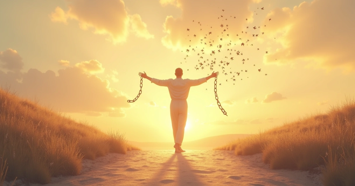 Person breaking symbolic chains, new path ahead, sunlight illuminating future 