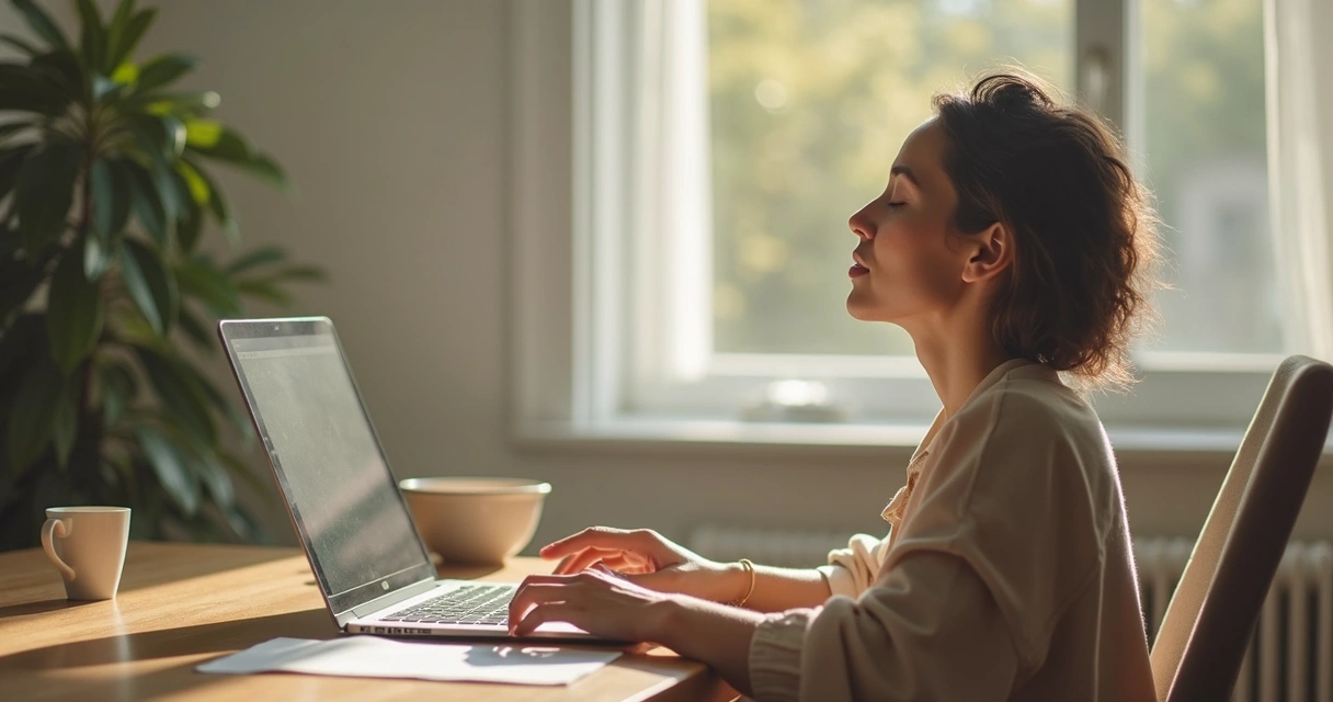 Person pausing at a desk with eyes closed and hands resting calmly