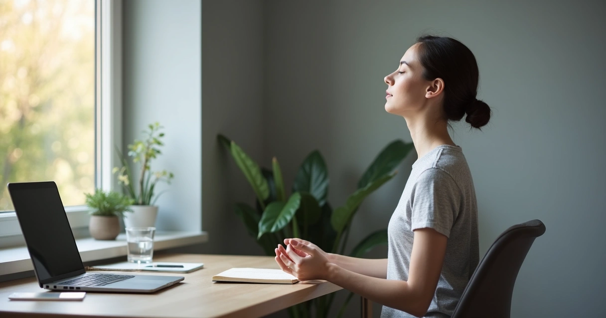Person sitting at a desk with eyes closed and hands resting calmly