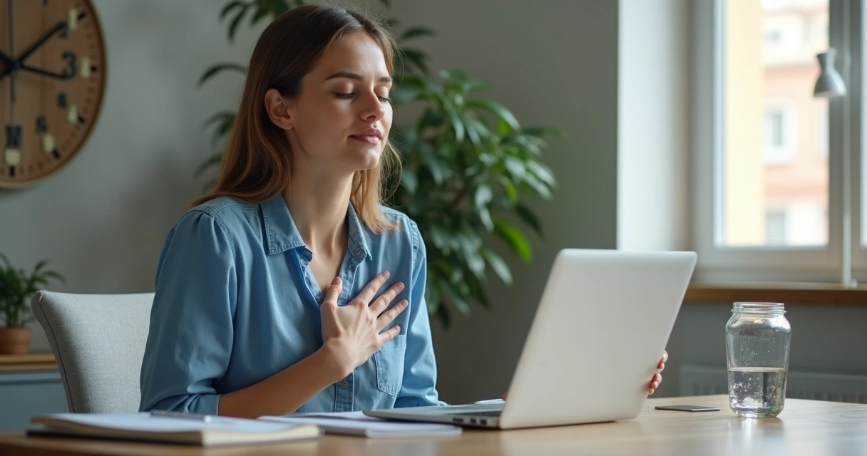 Person pausing to breathe at a work desk 