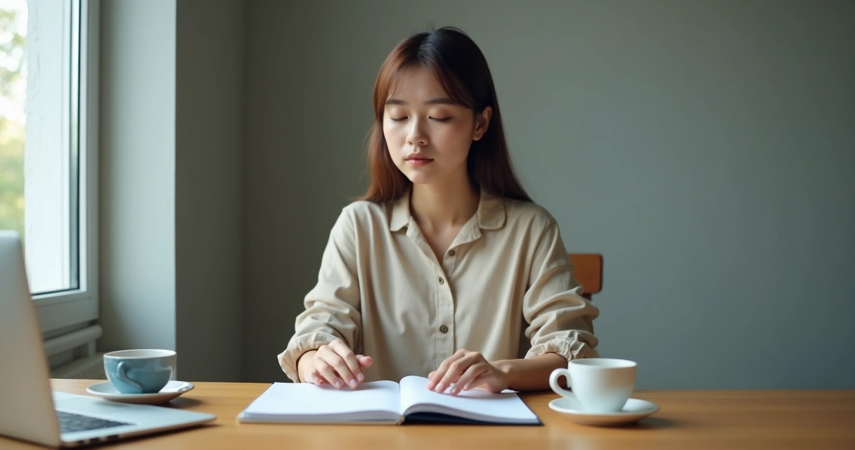 Person pausing at a desk with eyes closed and hands relaxed 