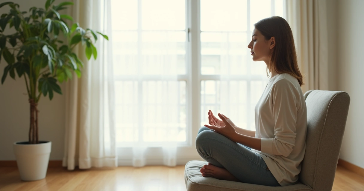 Person sitting quietly by window breathing 