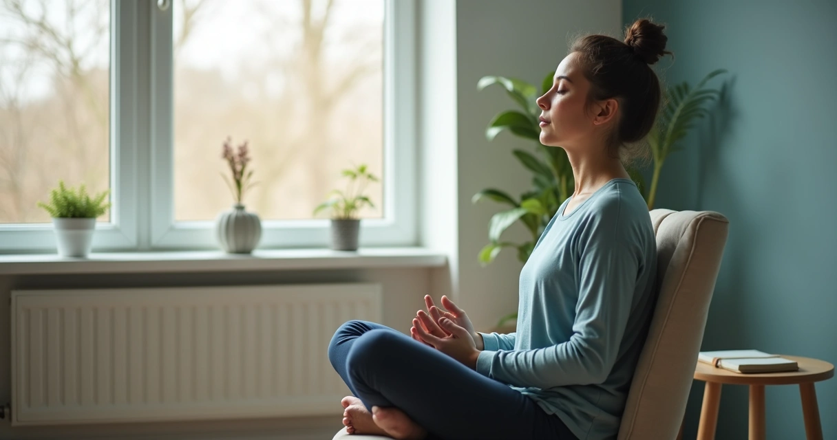 Person seated by a window practicing calm breathing indoors 