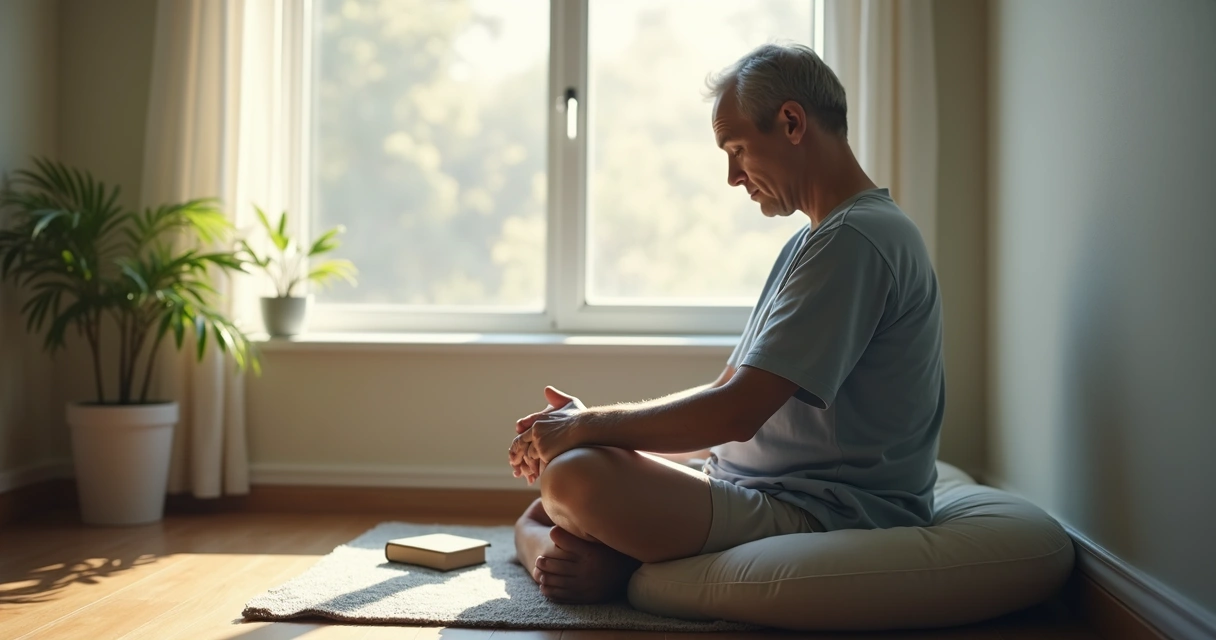 Person sitting by a window practicing mindful breathing