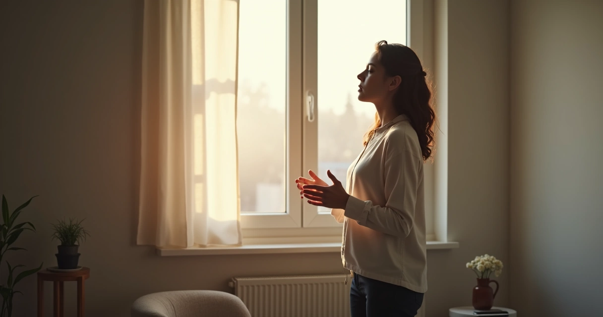 Person pausing by a window to calm down before speaking